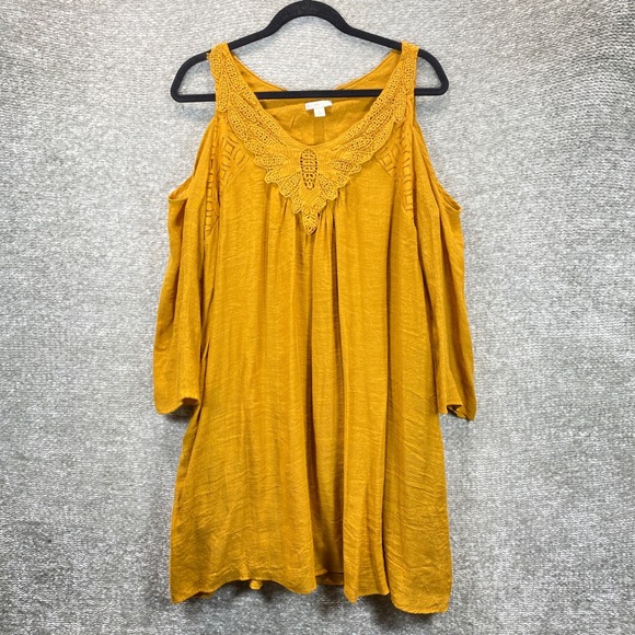 EST. 1946 Women Mustard Yellow Cold Shoulder Crochet Lace Boho Dress Size L - Picture 3 of 8